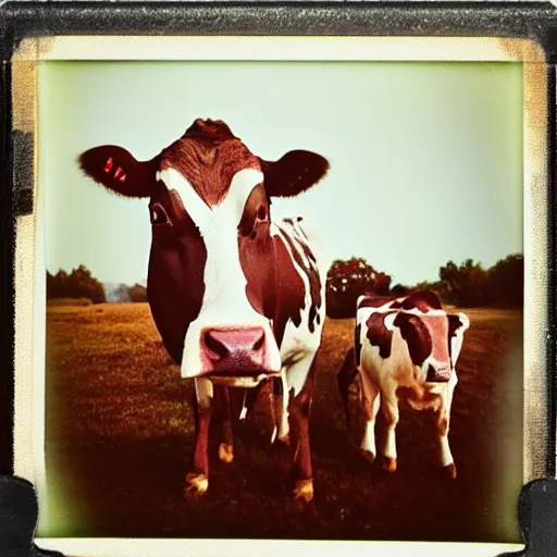 Image similar to a cow with 2 heads, unsettling, found footage style, polaroid, kodak film