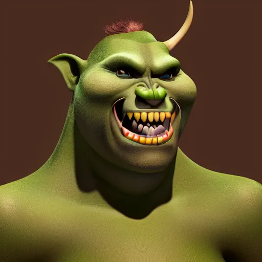 Image similar to portrait, pixar disney, waist-up angle, photo of a beautiful orcish lady, stern expression and proud posture, fantasy orc woman, sharp buck teeth, big eyes, cute smile, 8K studio photography, focus clarity, Full Shot, Strong Person that is pretty