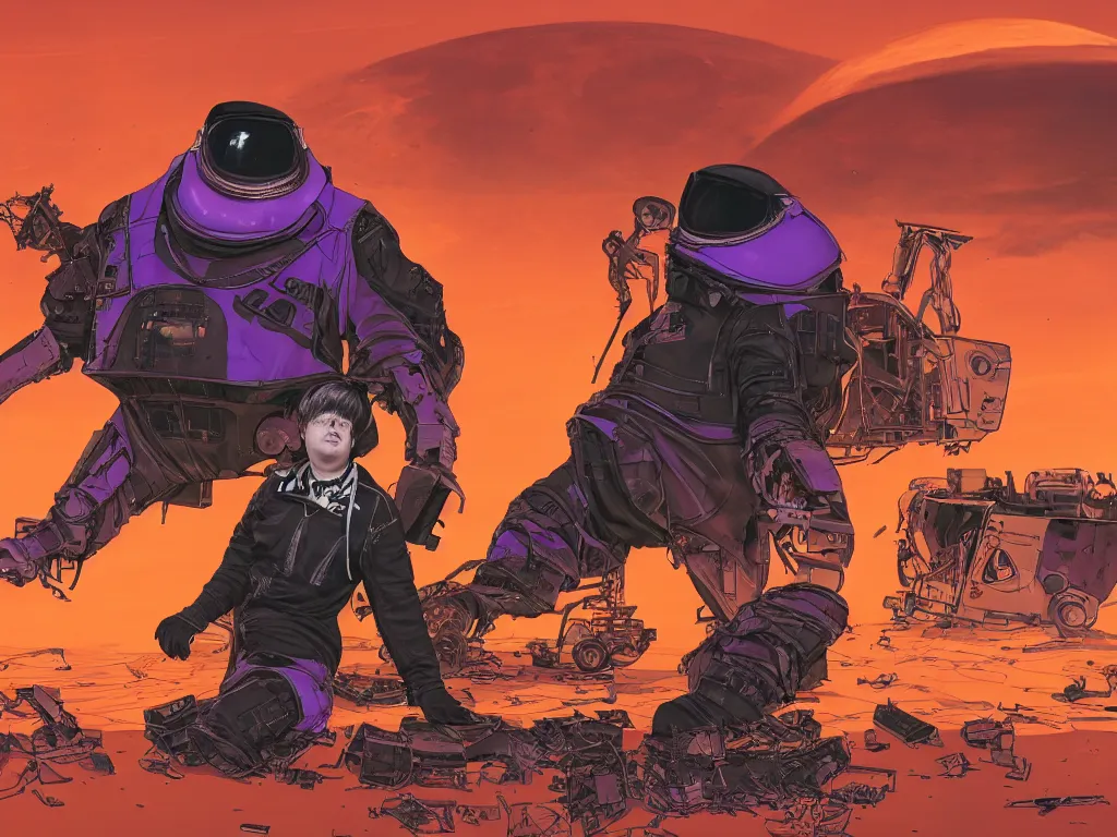 Image similar to portrait of an overweight depressed teenager with emo haircut wearing gothy purple and black spandex suit, sitting next to smashed burning spacecraft wreckage, on the orange surface of mars, highly detailed, dramatic lighting, photorealistic, cinematic