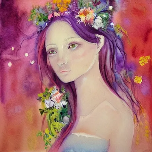 Image similar to portrait of a female with flowers in hair, bokeh, morning light, artist juliette belmonte's profile on artfinder. buy paintings by juliette belmonte and discover thousands of other original paintings, prints, sculptures and photography from independent artists, nice colour scheme, soft warm colour. studio gibli. beautiful detailed watercolor by lurid