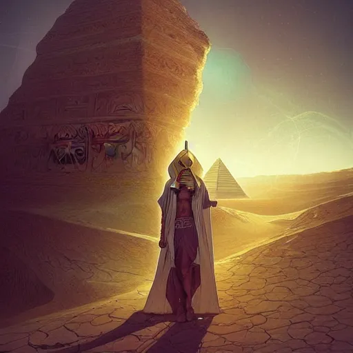 Image similar to “an interdimensional explorer, wandering through the desert, afterlife, Egyptian, D&D, fantasy, intricate, cinematic lighting, highly detailed, digital painting, artstation, concept art, smooth, sharp focus, illustration, art by Artgerm and Greg Rutkowski and Alphonse Mucha”