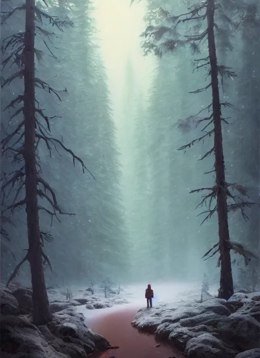 Prompt: surreal coniferous forest taiga blizzard, extremely detailed oil painting, unreal 5 render, rhads, sargent and leyendecker, savrasov levitan polenov, bruce pennington, studio ghibli, tim hildebrandt, digital art, landscape painting, octane render, beautiful composition, trending on artstation, award winning photograph, masterpiece