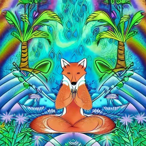 Image similar to an anthromorphic fox man meditating in a garden with a waterfall and clouds, by Lisa Frank in a psychedelic style, digital art