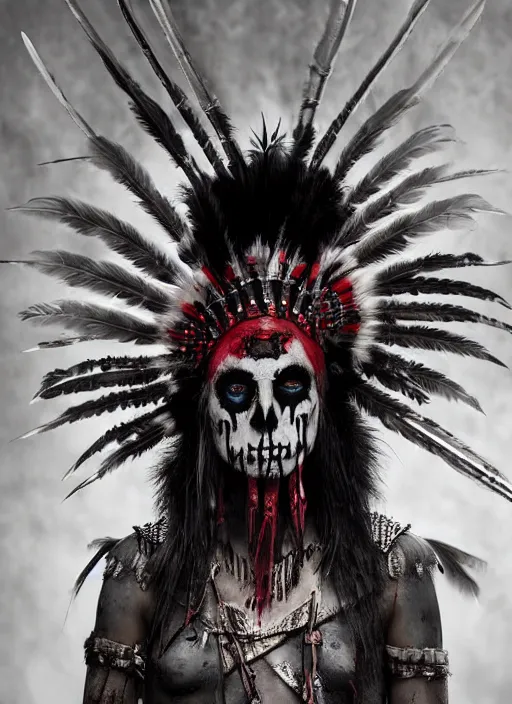 Prompt: the ghost - spirit of the grim - warpaint wears the scarlet skull armor and native blood headdress feathers, midnight fog - mist!, realism, cinematic lighting, various refining methods, micro macro autofocus, ultra definition, award winning photo