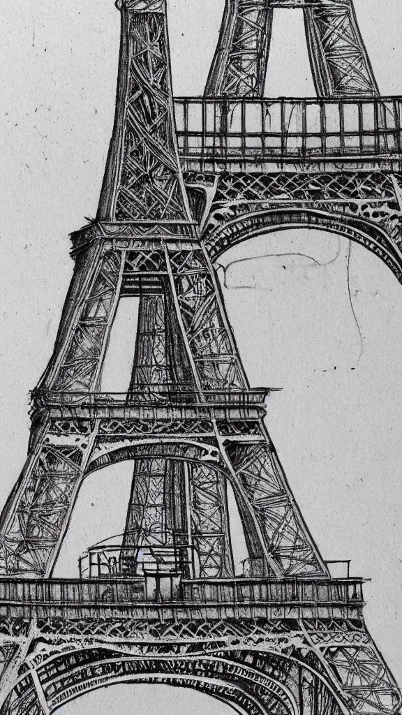 Image similar to architectural design studies of Eiffel Tower, different closeup view, drawn by Leonardo da Vinci, ancient ink draw, artistic, intricated