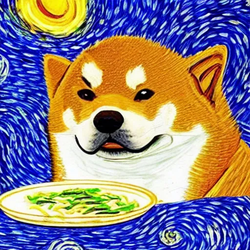 Prompt: shiba inu eating noodles in style of van gogh's starry night