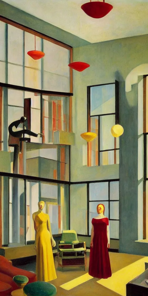 Image similar to midcentury modern atrium, hanging mobile, grant wood, pj crook, edward hopper, colorful, oil on canvas