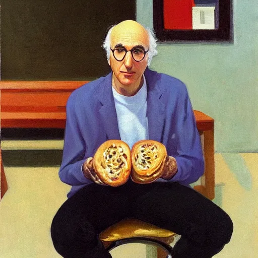 Prompt: larry david sitting on a bagel, edward hopper painting
