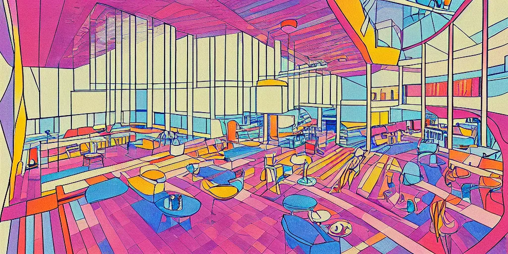 Prompt: modernist interior, seen from above, by René Laloux, line brush, full colour, coloured background