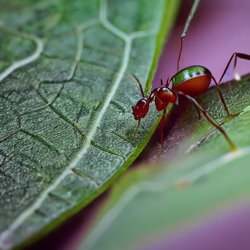 Image similar to bionic ants at war on a green leaf, macro photography, 8 k, cinematic lighting, shallow depth of field,