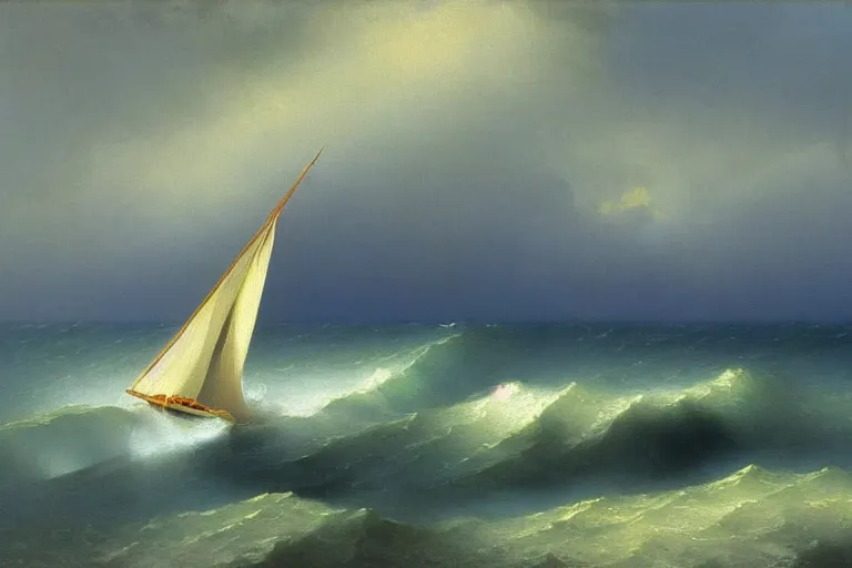 Image similar to a painting of a sailboat in the ocean by ivan aivazovsky, deviantart, american scene painting, matte painting, oil on canvas, deviantart