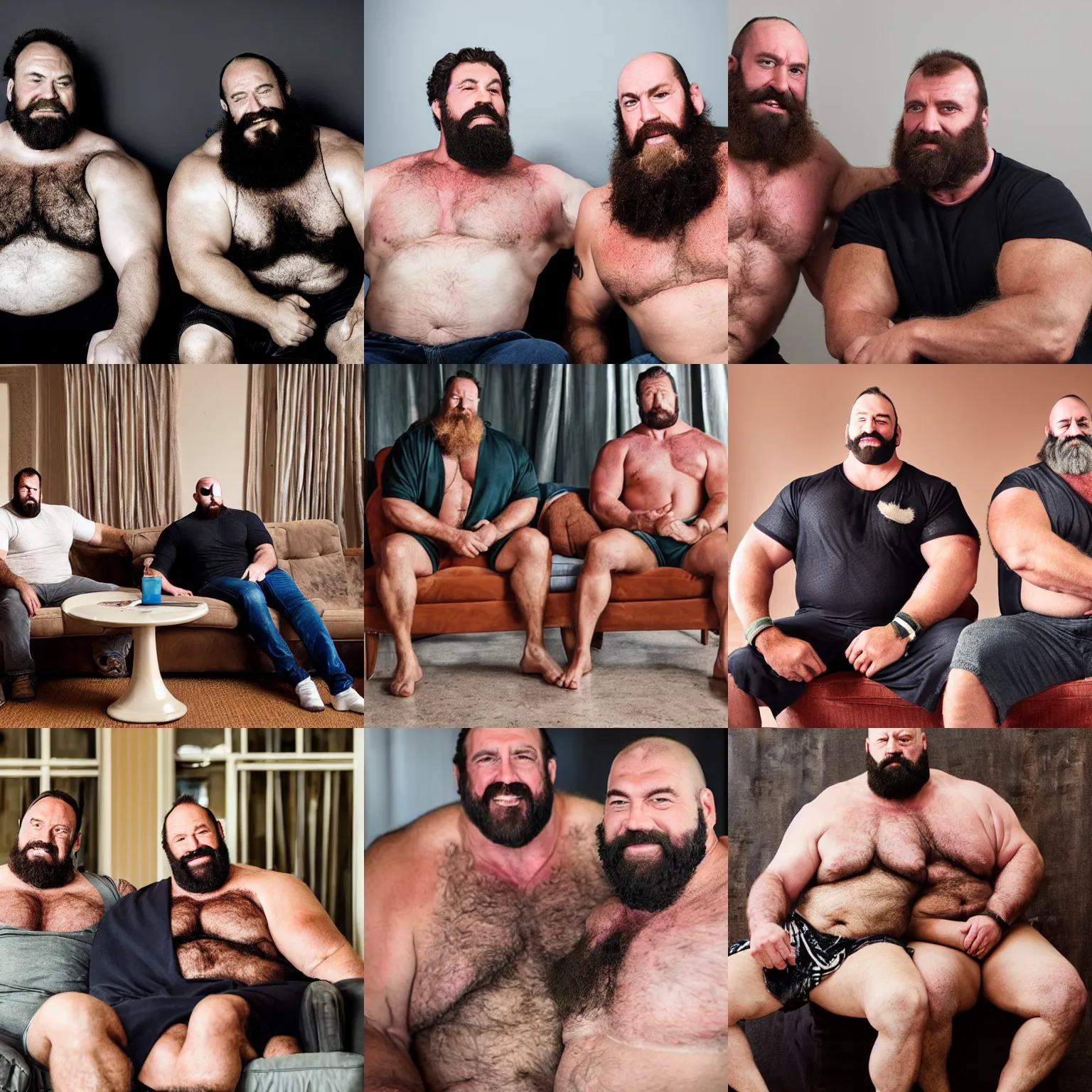 Prompt: your father and your brother who are both tall burly and hairy strongmen inviting you to sit between them on the couch, photography