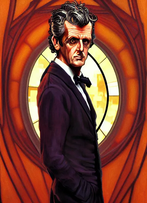 Image similar to oil portrait of the twelfth doctor from doctor who, intricate, elegant, highly detailed, lighting, painting, artstation, smooth, illustration, art by greg rutowski and alphonse mucha