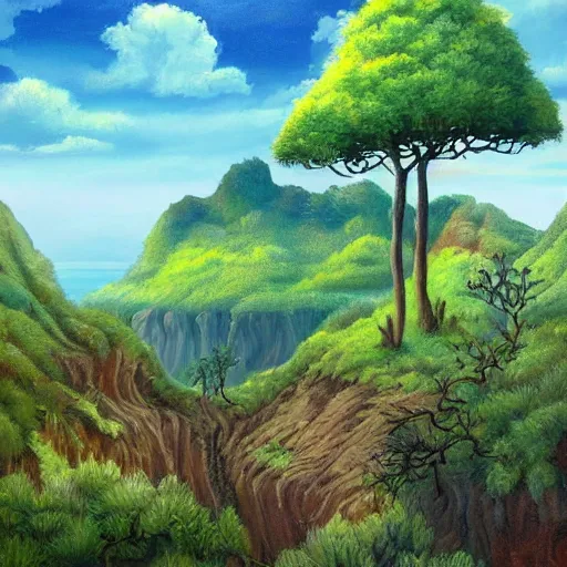 Image similar to painting of a lush natural scene on an alien planet featured on deviantart. beautiful landscape. weird vegetation. cliffs and water.