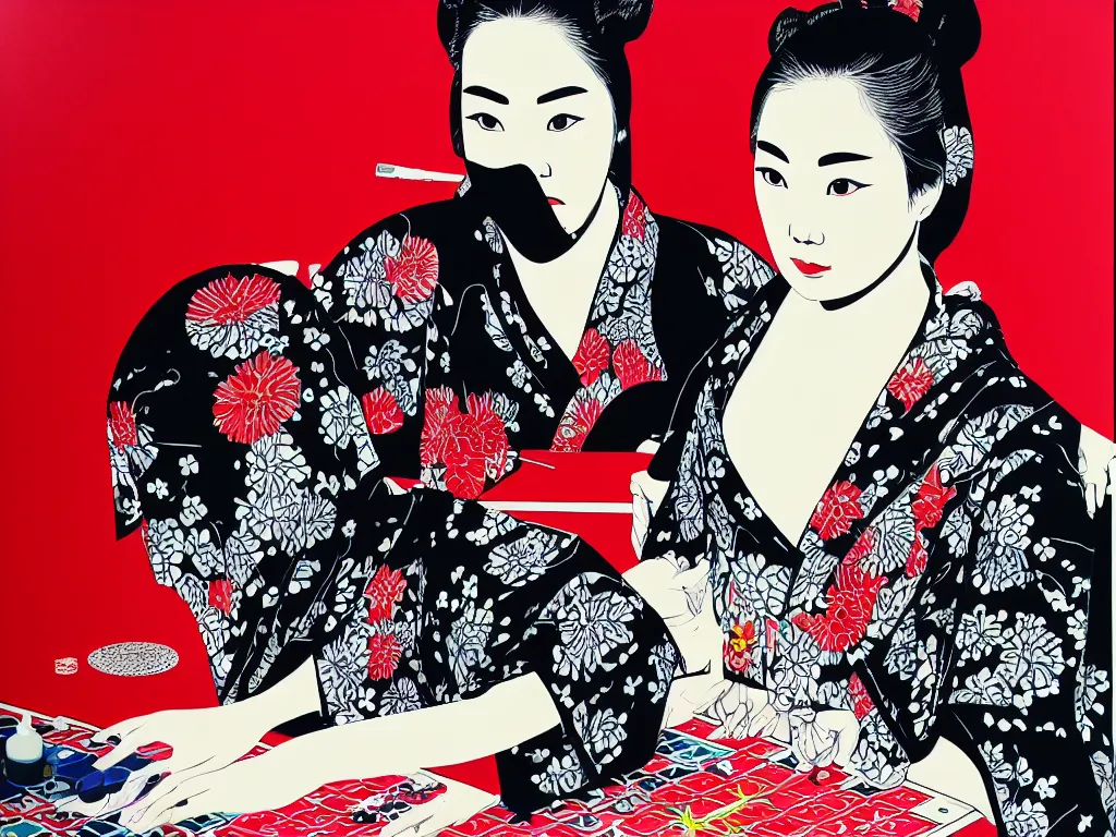 Image similar to hyperrealism composition of the detailed woman in a japanese kimono sitting at an extremely detailed poker table with darth vader, fireworks on the background, pop - art style, jacky tsai style, andy warhol style, acrylic on canvas