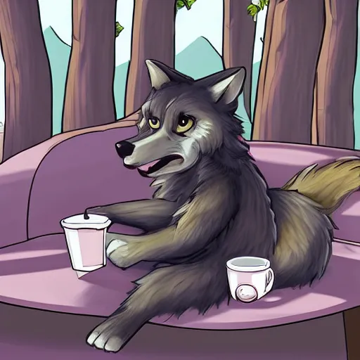 Prompt: furry artwork of female furry wolf sitting on a park bench enjoying a coffee, sunny day, furry art, furry, furaffinity, deviantart furry, anthro,