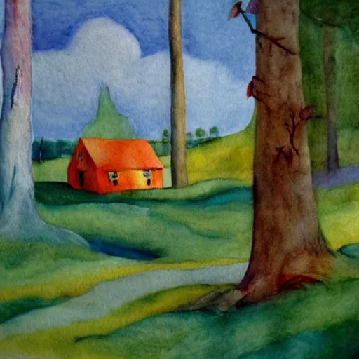 Prompt: small wooden house in the middle of spring forest, bright colours, watercolor, volumetric wool felting, macro photography, children illustration, by edward hopper