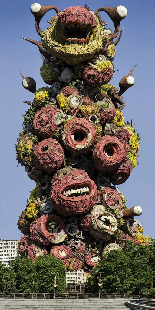 Image similar to colossal grotesque prehistoric flower made from best unfulfilled mankind projects in the middle of abandoned post soviet constructivist cityscape, Stalinist architecture, ultradetailed, Intricate by Hayao Miyazaki and Josan Gonzalez and Makoto Shinkai and Giuseppe Arcimboldo and Wes Anderson