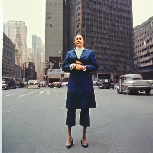 Prompt: street photography portrait of a woman in a suit in the streets of new york, 1 9 6 0 s, colour film street photography, photo taken with ektachrome, featured on flickr, photographed on damaged film
