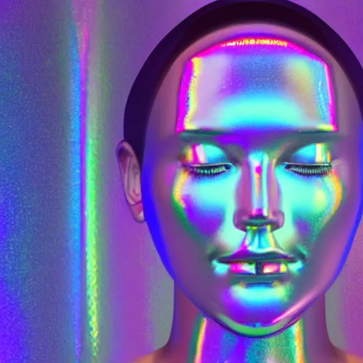 Image similar to 3d render of holographic human robotic head made of glossy iridescent, surrealistic 3d illustration of a human face non-binary, non binary model, 3d model human, cryengine, made of holographic texture, holographic material, holographic rainbow, concept of cyborg and artificial intelligence