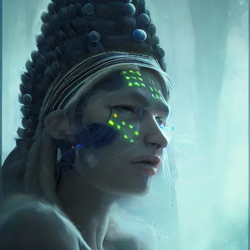 Image similar to detailed portrait of a futuristic sci - fi shaman in a natural scene. beautiful lighting. trending on artstation.