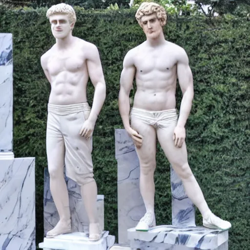 Image similar to a realistic detailed photo of youtubers jake paul & logan paul as a marble statue, blank stare