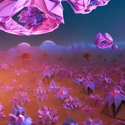 Prompt: an epic flowering alien landscape in the style of origami, 8 k, cinematic light, artstation