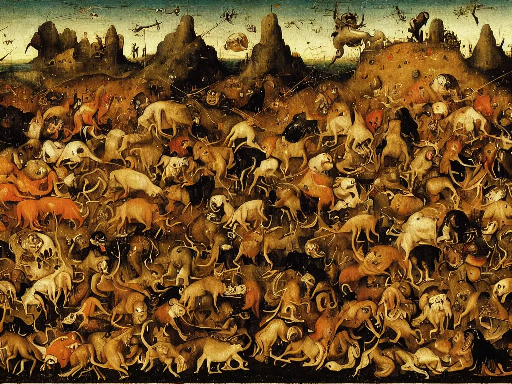 Image similar to dogs in a moshpit at a metal festival jumping and growling at each other, by hieronymus bosch, very wild, cool lighting at sunset, very detailed, concept art