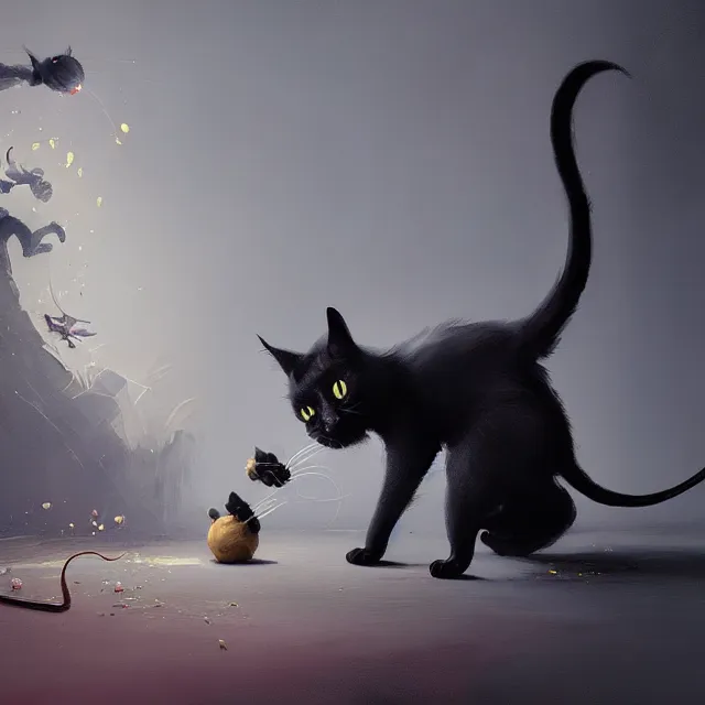 Prompt: a beautiful painting of a cute black cat catching a mouse. disney character design by cory loftis, fenghua zhong, ryohei hase, ismail inceoglu and ruan jia. artstation, volumetric light, detailed, photorealistic, rendered in octane