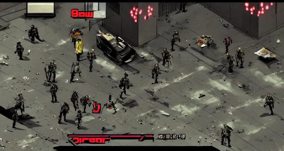 Image similar to 1998 Video Game Screenshot of Neo-tokyo Cyborg bank robbers vs police, Set inside of Parking Garage, Dark, Multiplayer set-piece Ambush, Tactical Squads :10, Police officers under heavy fire, Suppressive fire, Pinned down, Destructible Environments, Gunshots, Headshot, Bullet Holes and Anime Blood Splatter, :10 Gas Grenades, Riot Shields, MP5, AK45, MP7, P90, Chaos, Anime Machine Gun Fire, Gunplay, Shootout, :14 FLCL + Jet Grind Radio, Cel-Shaded:17, Created by Katsuhiro Otomo + Arc System Works + miHoYo: 20