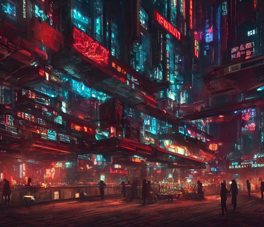 Image similar to a bar from a cyberpunk film, cinematic, hyper detailed, hd, 1 6 k