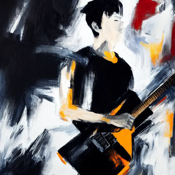 Prompt: large diagonal brush strokes, abstract dark painting of a young korean male musician wearing black tank top holding a telecaster!!! electric guitar!! in a dark room, white background, thick flowing dramatic brush strokes, matte colors, abstract, impressionist, motion, trending on artstation