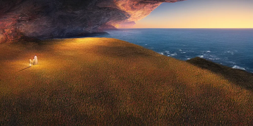 Prompt: Field on the edge of a cliff overlooking the ocean at midnight by Jessica Rossier