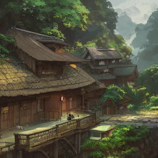 Image similar to concept art painting of a cozy village in a mountainous forested valley, historic english and japanese architecture, realistic, detailed, cel shaded, in the style of makoto shinkai and greg rutkowski and james gurney