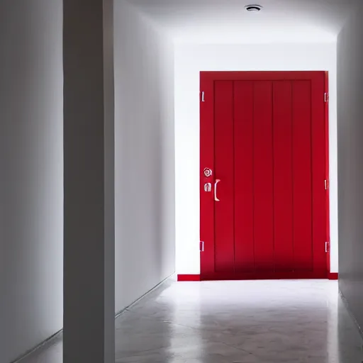 Prompt: a featureless white room with a red door on the far end, liminal space,