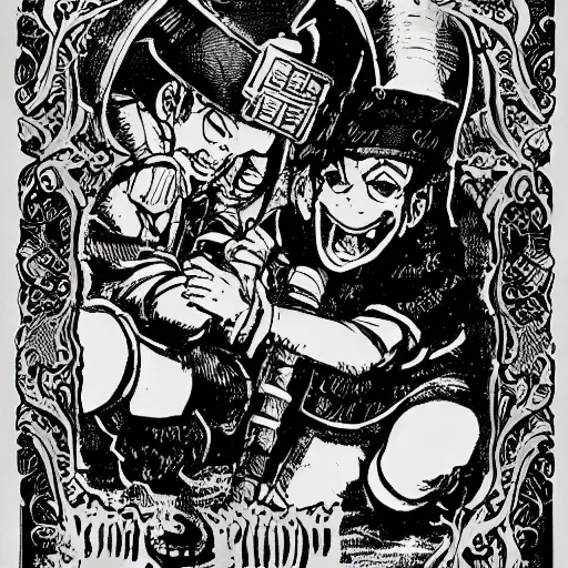 Image similar to precisely drawn illustration of anime two dwarf bandits laughing, old-fashioned tarot card, victorian playing card, sepia tone, wide angle, sharp, fine details, anime, manga, cyberpunk, intense line art, 8k, precise linework, realistic, shaded lighting by katsuhiro otomo ghost-in-the-shell, magali villeneuve, artgerm, rutkowski Jeremy Lipkin and Giuseppe Dangelico Pino and Michael Garmash and Rob Rey