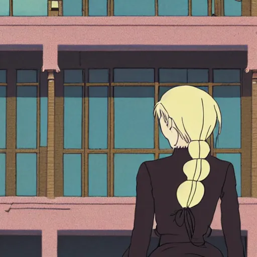 Image similar to a blonde woman wearing black with a ponytail stands on her balcony, still from urban scenes directed by Hayao Miyazaki