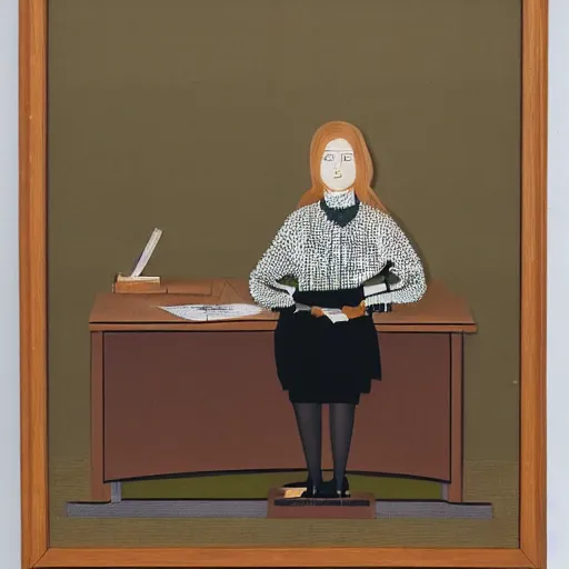 Image similar to a portrait of a secretary sitting behind a desk, 1 9 7 0 th knitted burda style,