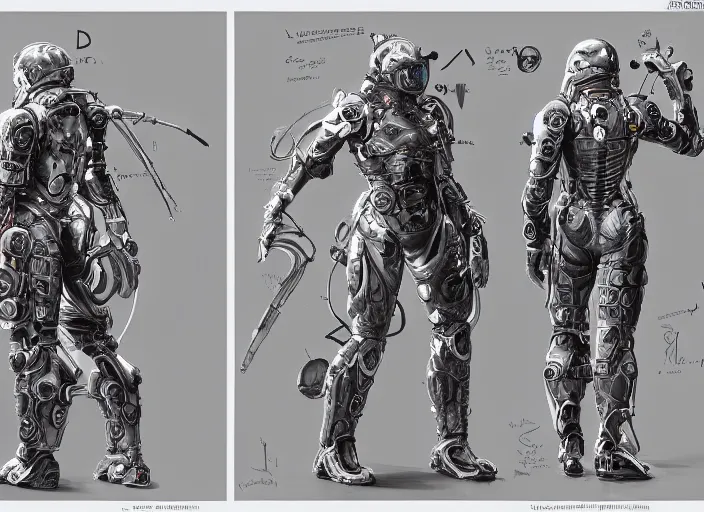 Image similar to front and back character view of Ludens from Kojima Productions by Donato Giancola, Trending on artstation and pixiv concept art and sheet