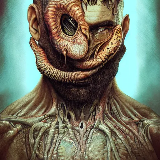 Image similar to bodyhorror portrait of ramzan kadyrov who became an ugly lovecraftian monstrosity, photo - realistic, color image, 2 k, highly detailed, horror, by giger