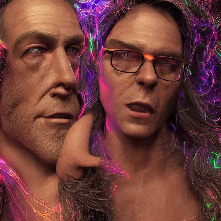 Image similar to octane render portrait by wayne barlow and carlo crivelli and glenn fabry, a giant huge muscular family made out of neon lights, cinema 4 d, ray traced lighting, very short depth of field, bokeh