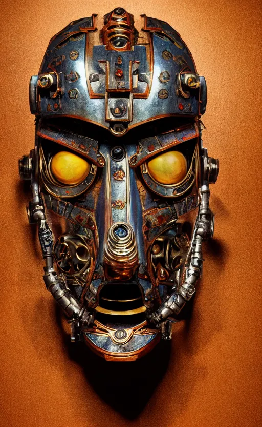 Image similar to steampunk tribal mask, robot, japanese pottery, vivid colors, wood, metal, intricate details, trending on cgsociety, concept art, glowing eyes, sharp focus, ultra realistic details, cinematic atmosphere, global illumination, shadows, octane render, 8 k