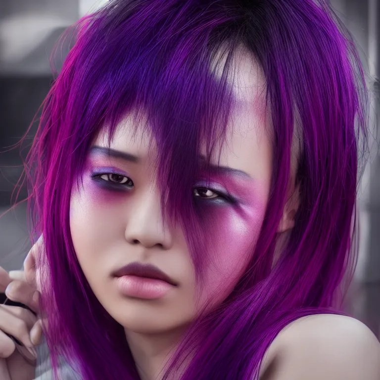 Image similar to Close up portrait of a young Asian Cyberpunk woman with dark purple hair, highly detailed, high quality, HD, 4K, 8K, Canon 300mm, professional photographer, 40mp, lifelike, top-rated, award winning, realistic, sharp, no blur, edited, corrected, trending