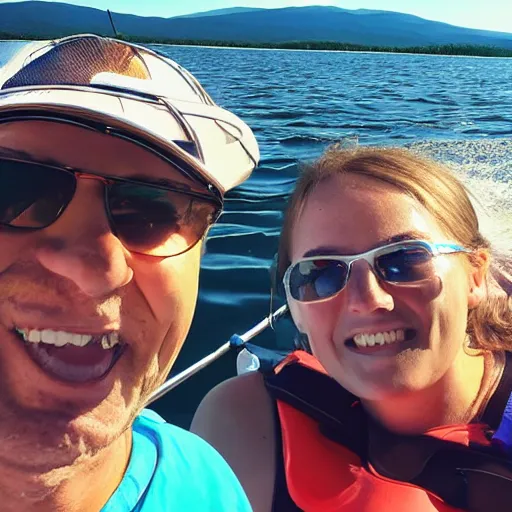 Image similar to selfie photograph of family summer boating on lake champlain