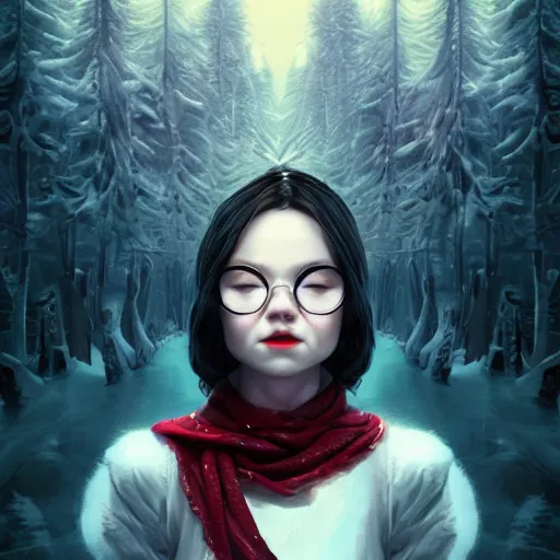 Image similar to portrait of sinister teenage snow white, intricate artwork. by Tooth Wu, wlop, beeple, dan mumford. octane render, trending on artstation, greg rutkowski very coherent symmetrical artwork. cinematic, hyper realism, high detail, octane render, 8k, iridescent accents