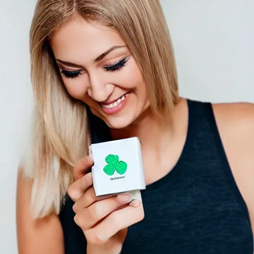 Prompt: “Blonde woman smiling while holding a lotion made by a brand called ‘Elation’ with a three leafed clover logo, smart, beautiful, realistic, magnificent”