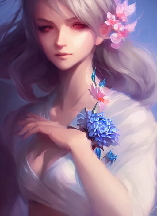 Image similar to cute little dragon,, black gold light blue, flowers diamonds, highly detailed, artgerm, cushart krenz, artstation, soft light, sharp focus, illustration, character design, concept art