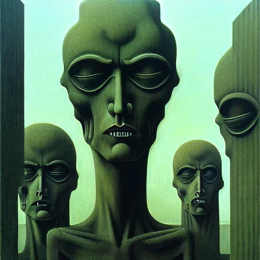 Image similar to dystopian surreal painting of eerie head statues surrounded by buildings by zdzisław beksinski and caravaggio