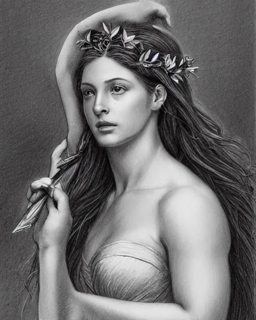 Image similar to pencil drawing of the beautiful greek goddess aphrodite wearing a laurel wreath and arrowhead earrings, beautiful confident eyes, beautiful flowing hair, white god eyes, hyper realistic face, in the style of greg rutkowski, fantasy, amazing detail, epic, elegant, smooth, sharp focus, from the front