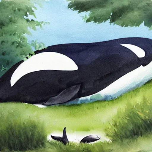 Image similar to an idyllic pastoral watercolor painting of an orca eating a seal